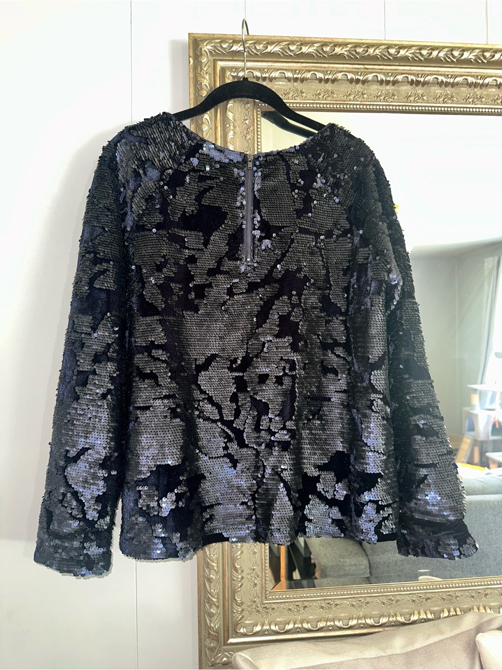 J.O.A. Navy Blue Sequin Long Sleeve Crewneck Top